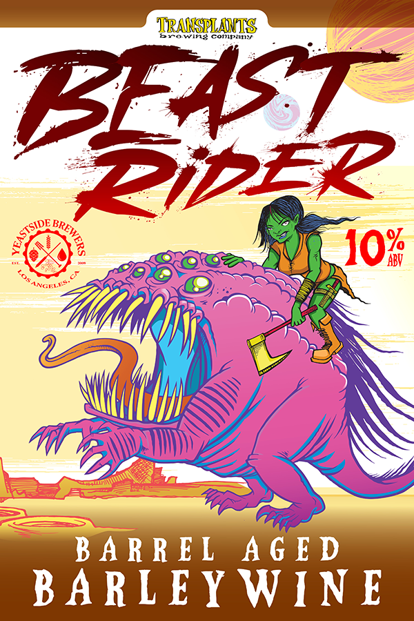 Poster representing the beverage BEAST RIDER, a beer with an alcohol content of 10%, available on tap at Transplants Brewing