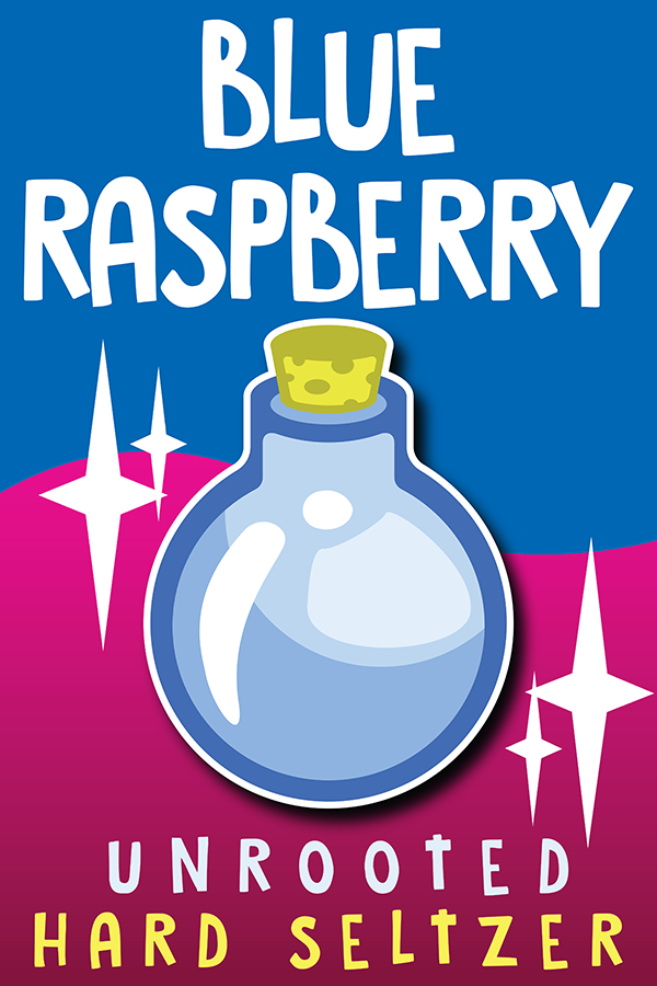 Poster representing the beverage BLUE RASPBERRY, a hard seltzer with an alcohol content of 5%, available on tap at Transplants Brewing