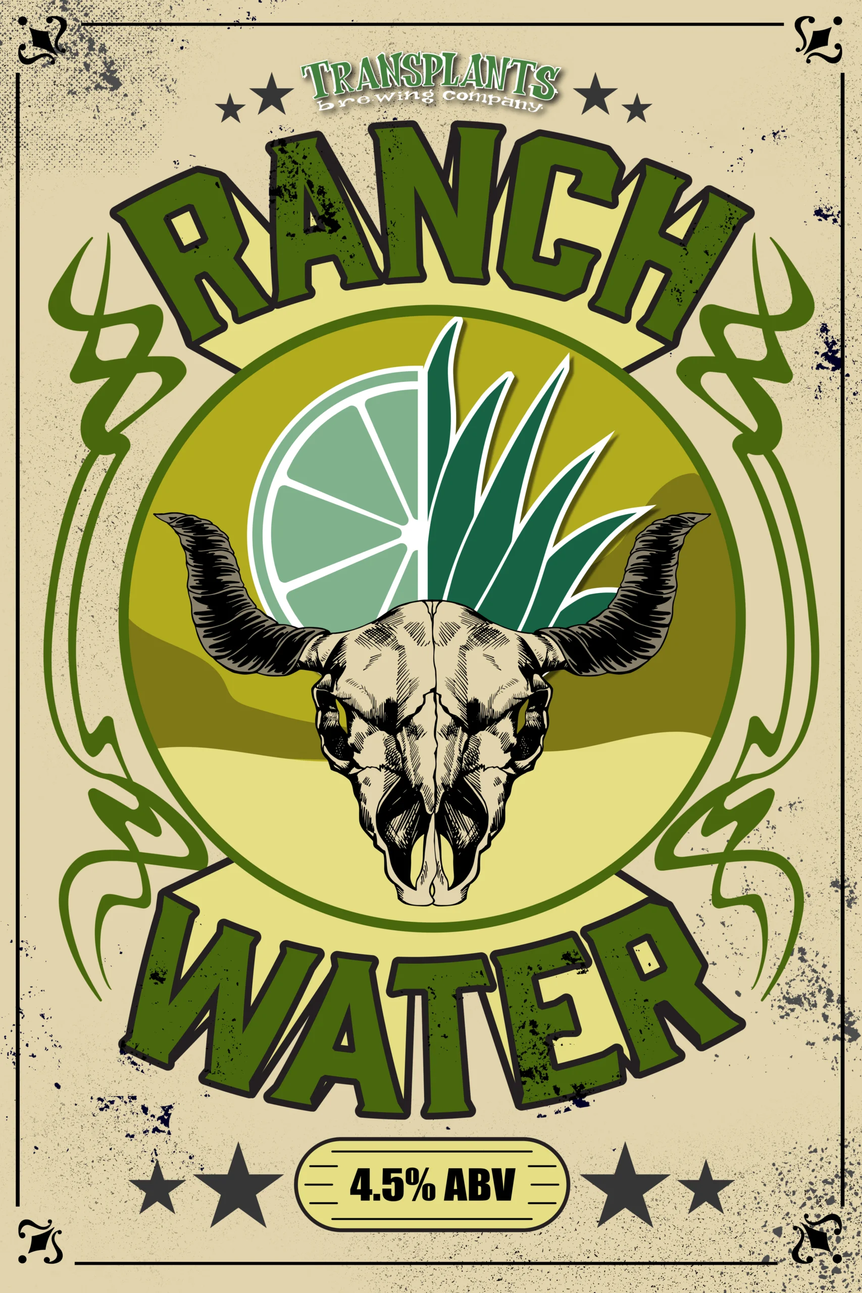 Poster representing the beverage RANCH Water, a  with an alcohol content of 4.5%, available on tap at Transplants Brewing