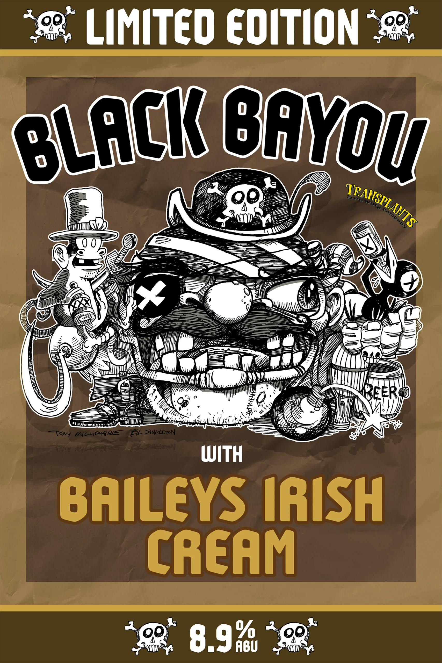 Poster representing the beverage BLACK BAYOU COFFEE CREAM STOUT WITH BAILEYS IRISH CREAM, a  with an alcohol content of 10%, available on tap at Transplants Brewing