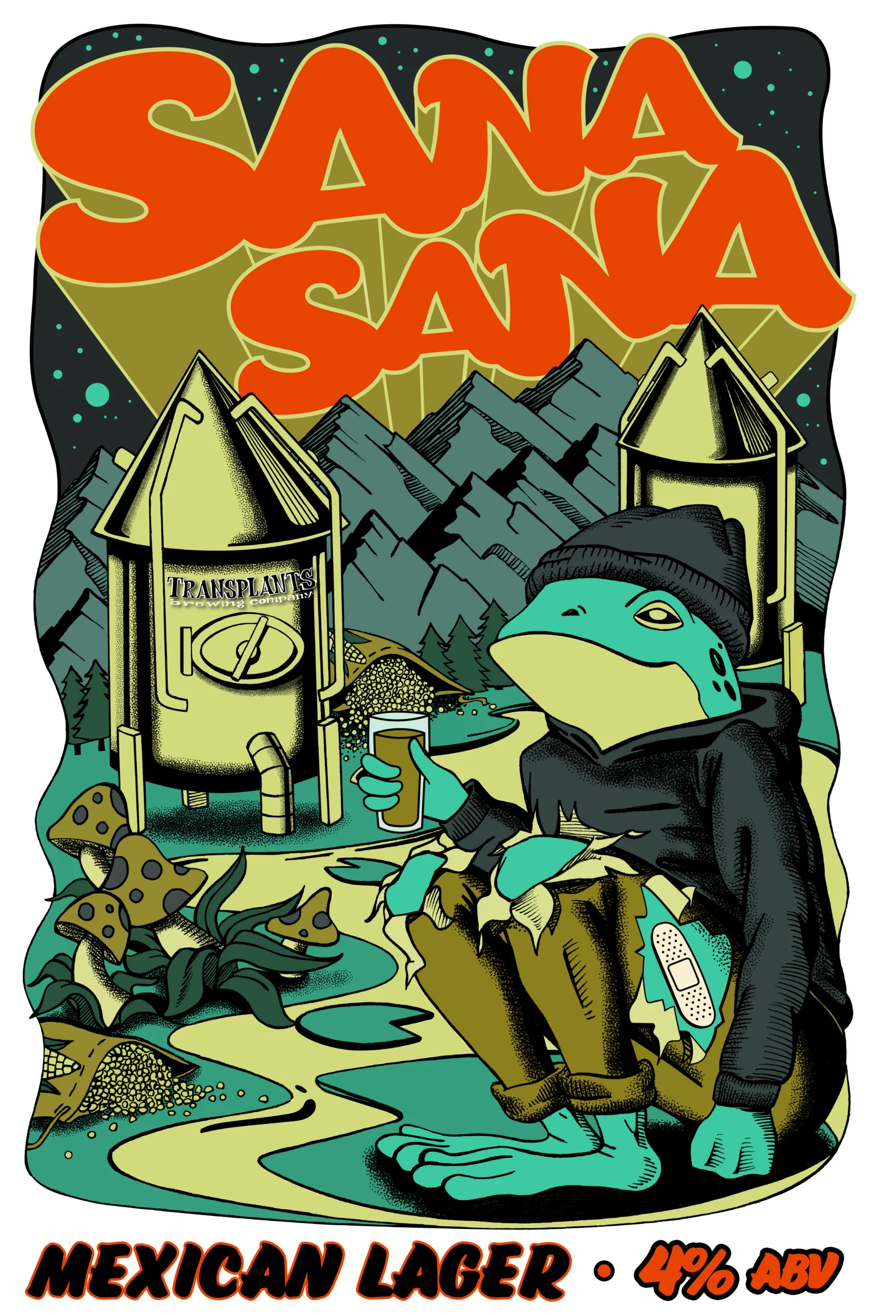 Poster representing the beverage SANA SANA, a beer with an alcohol content of 4%, available on tap at Transplants Brewing