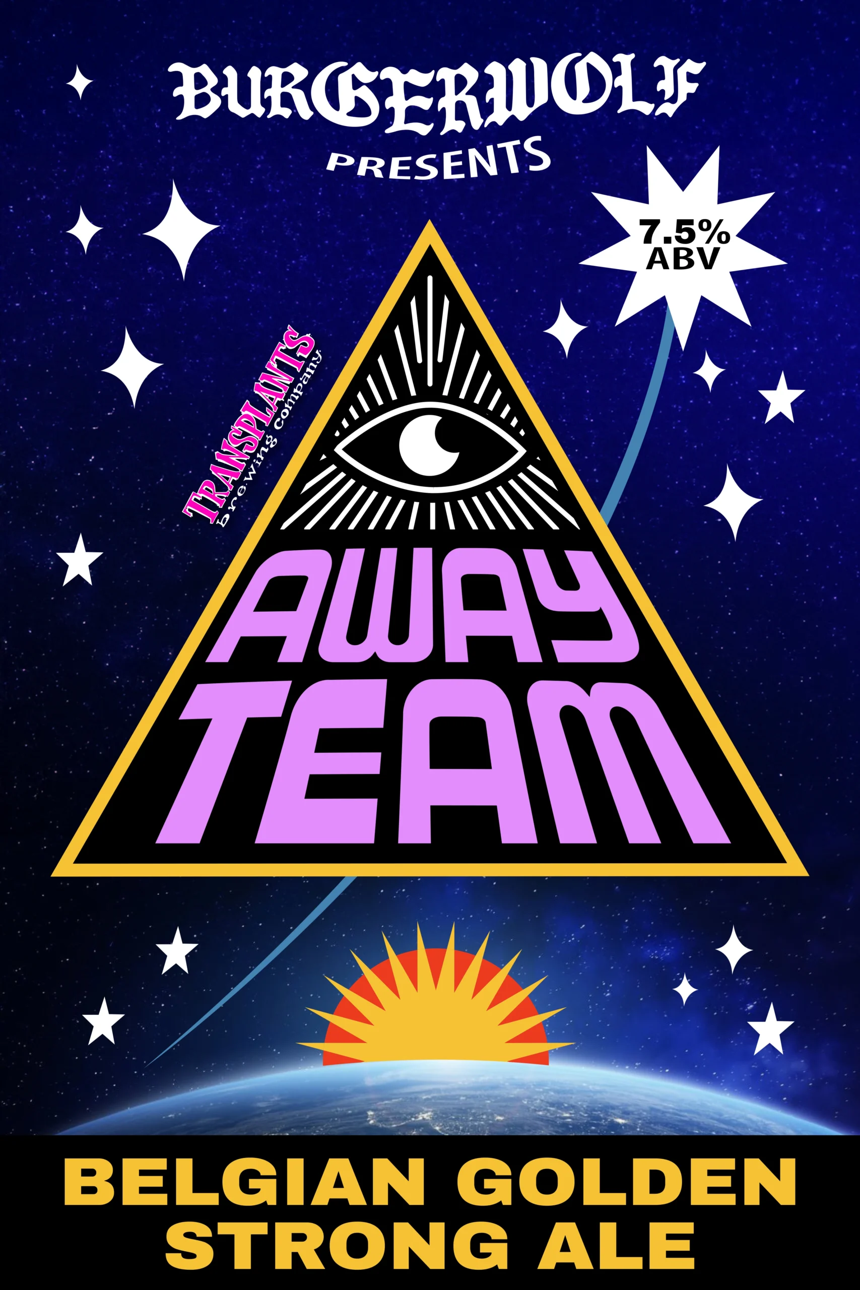 Poster representing the beverage AWAY TEAM, a beer with an alcohol content of 8%, available on tap at Transplants Brewing