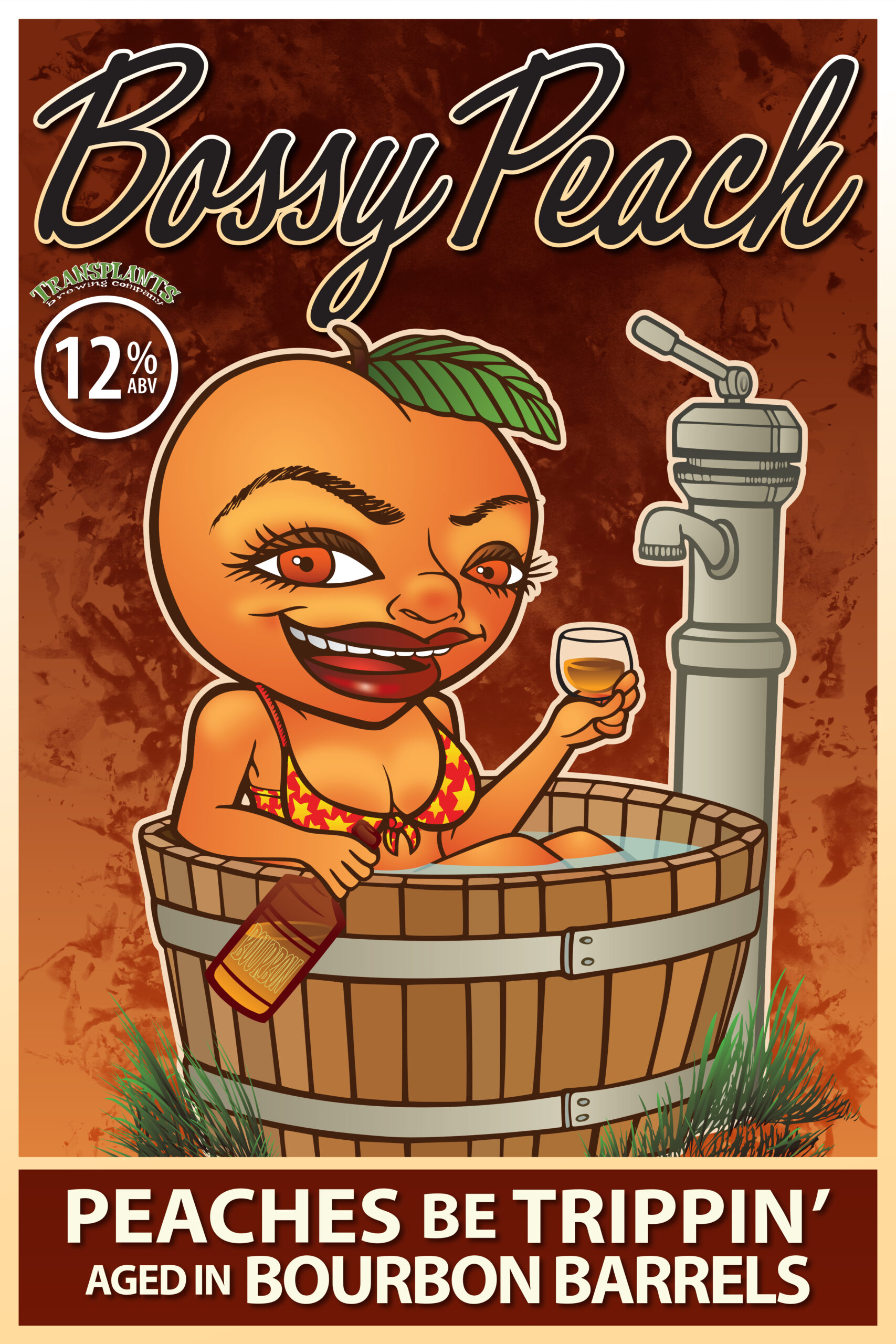 Poster representing the beverage BOSSY PEACH, a  with an alcohol content of 12%, available on tap at Transplants Brewing