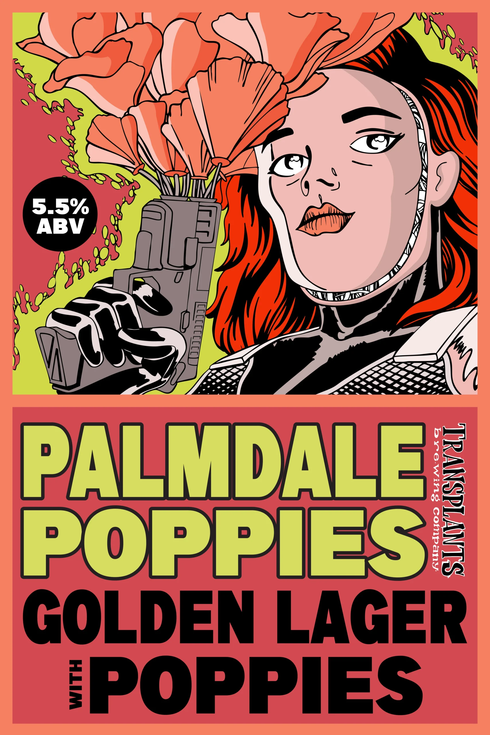 Poster representing the beverage PALMDALE POPPIES, a Lager with an alcohol content of 5.5%, available on tap at Transplants Brewing