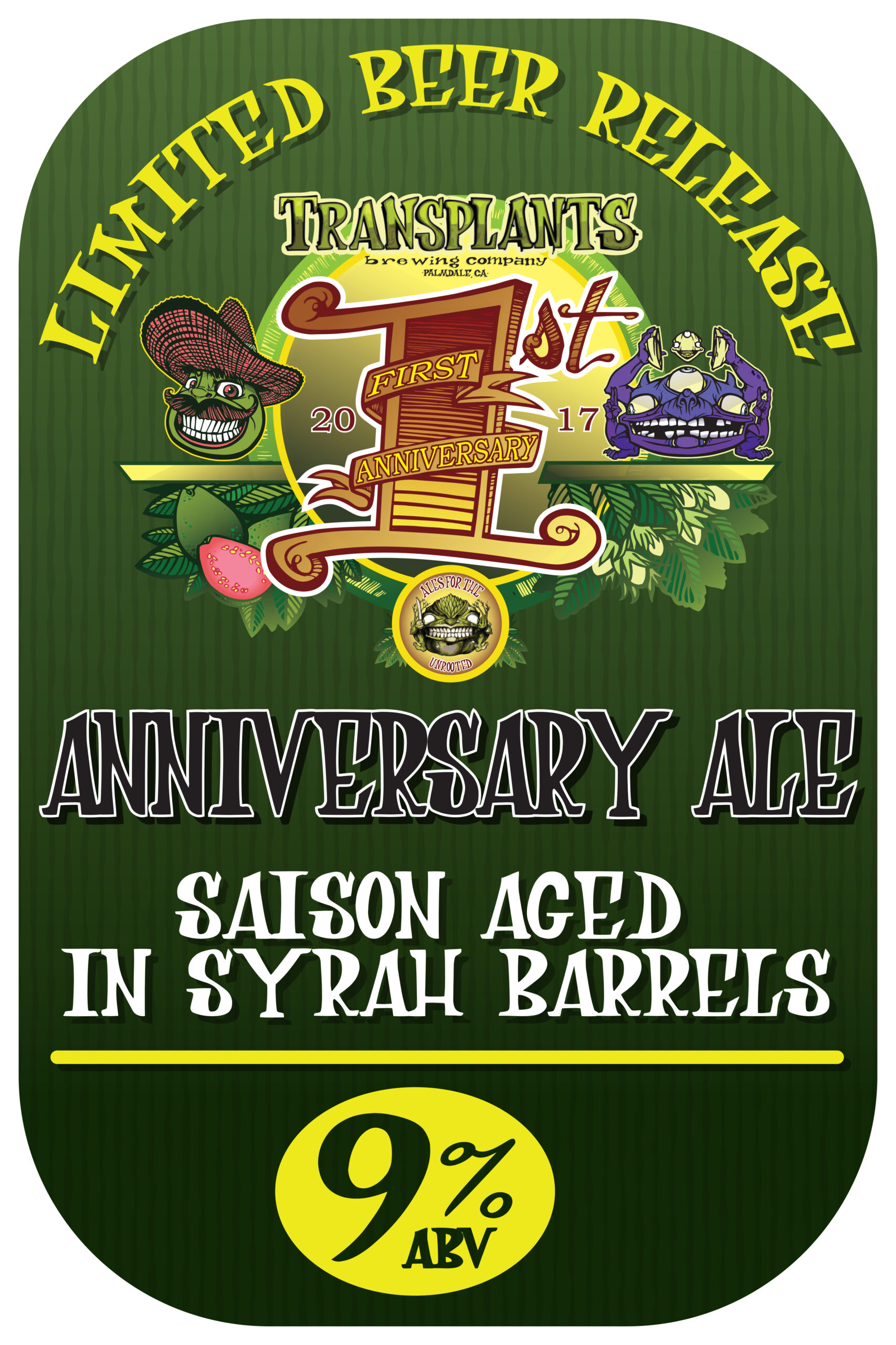 Poster representing the beverage 1ST ANNIVERSARY ALE, a  with an alcohol content of 9%, available on tap at Transplants Brewing
