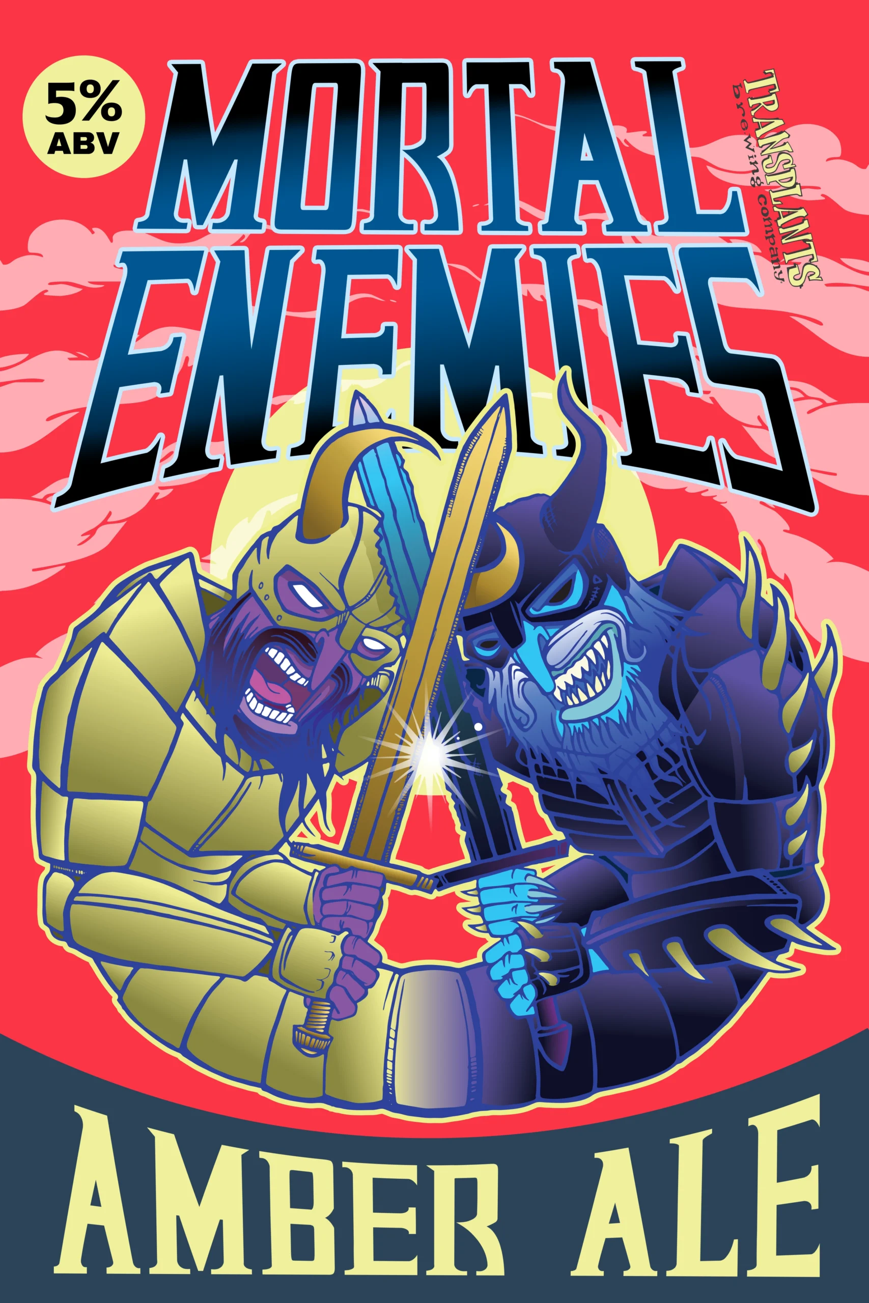 Poster representing the beverage MORTAL ENEMIES AMBER ALE, a  with an alcohol content of 5%, available on tap at Transplants Brewing