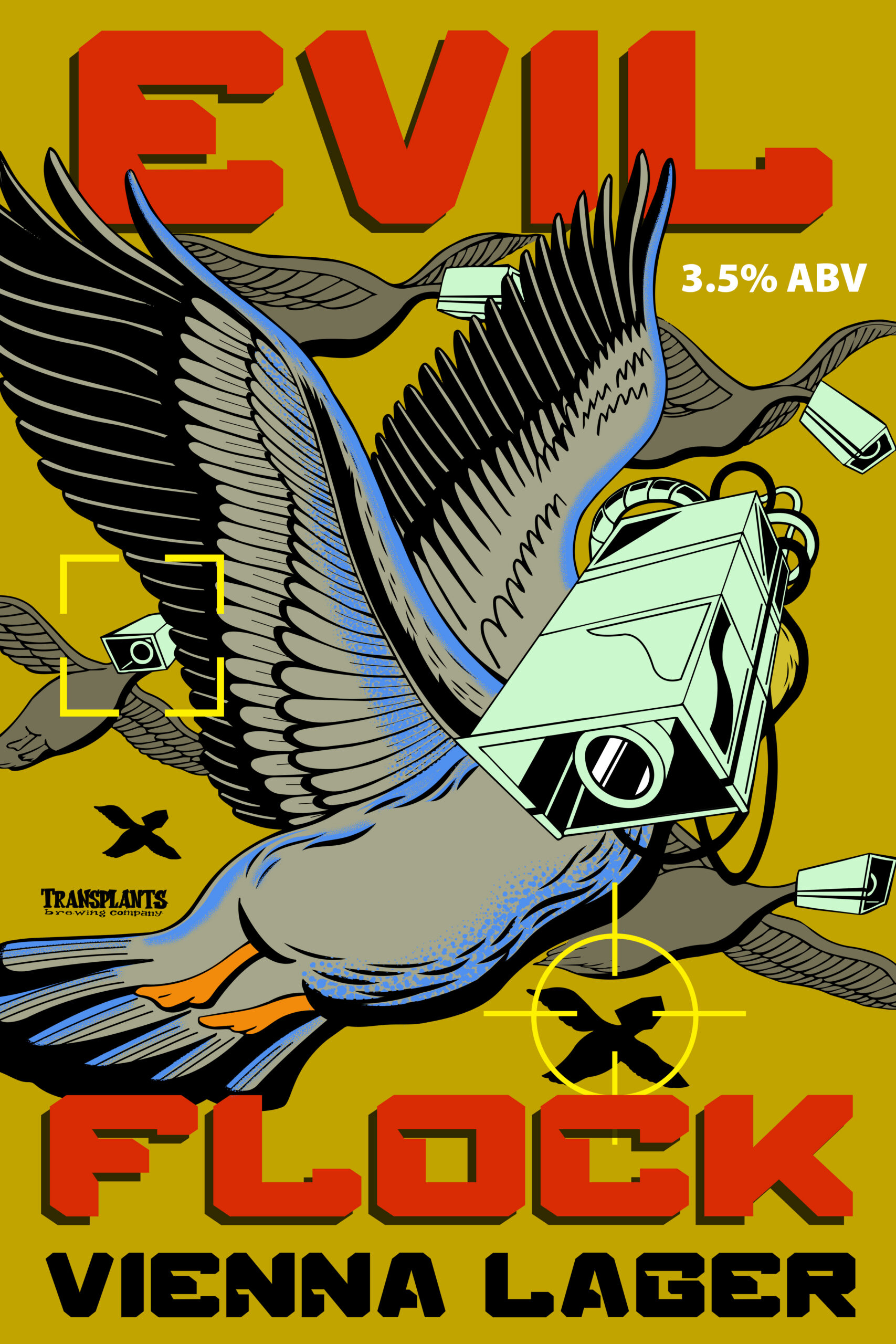 Poster representing the beverage EVIL FLOCK VIENNA LAGER, a  with an alcohol content of 3.5%, available on tap at Transplants Brewing